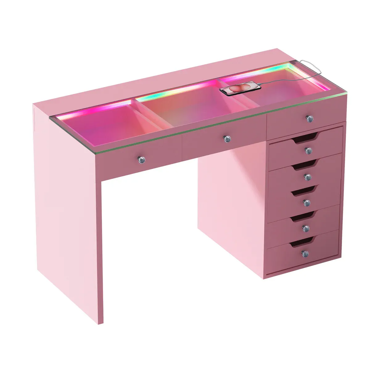 LUXE Vanity Desk with 8 Storage Drawers, LED Lighting & USB Charging