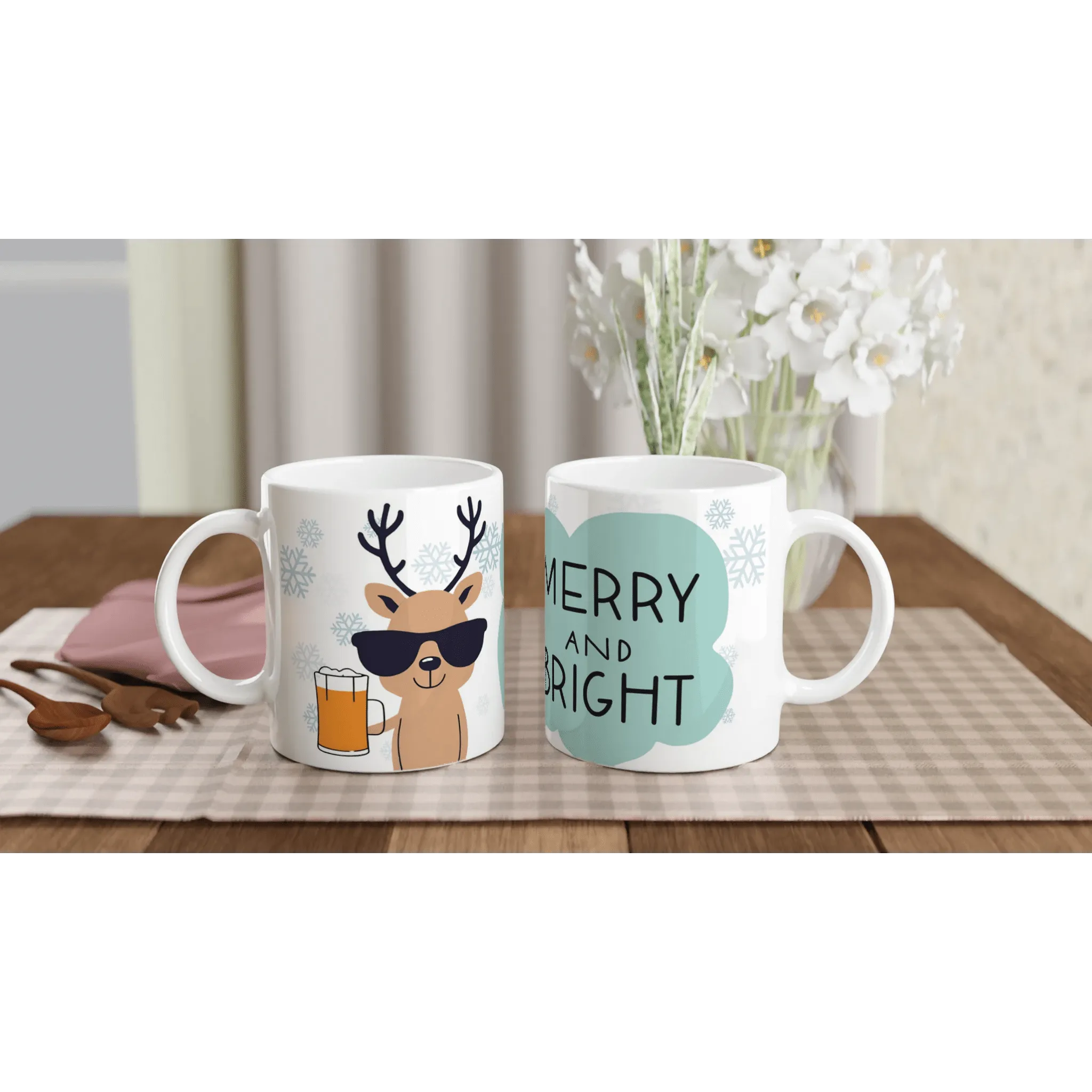 Merry & Bright Reindeer Christmas Mug | Funny Holiday Ceramic Mug