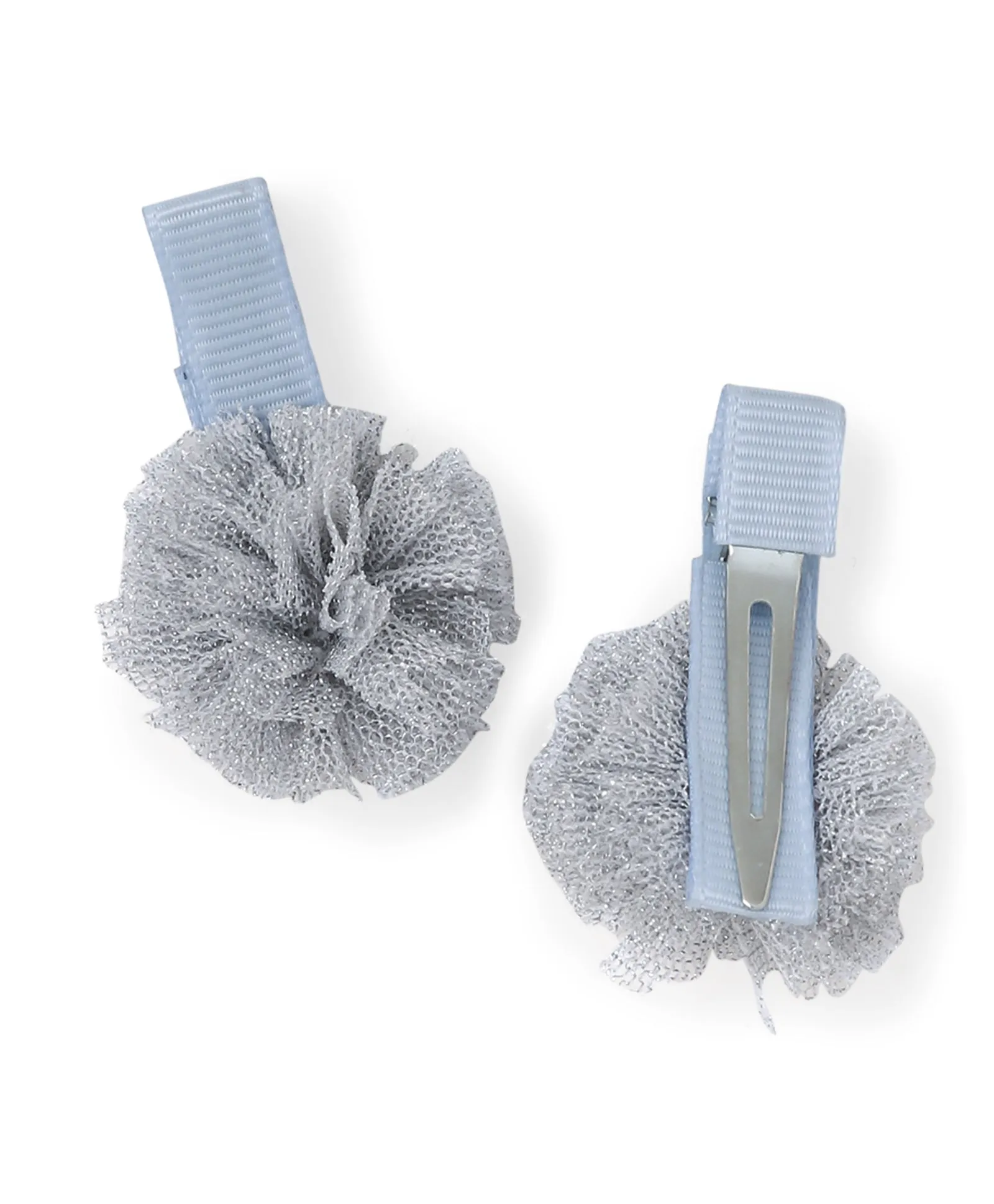 Mini Pom Pom Alligator Clip Set - Light Blue & Silver