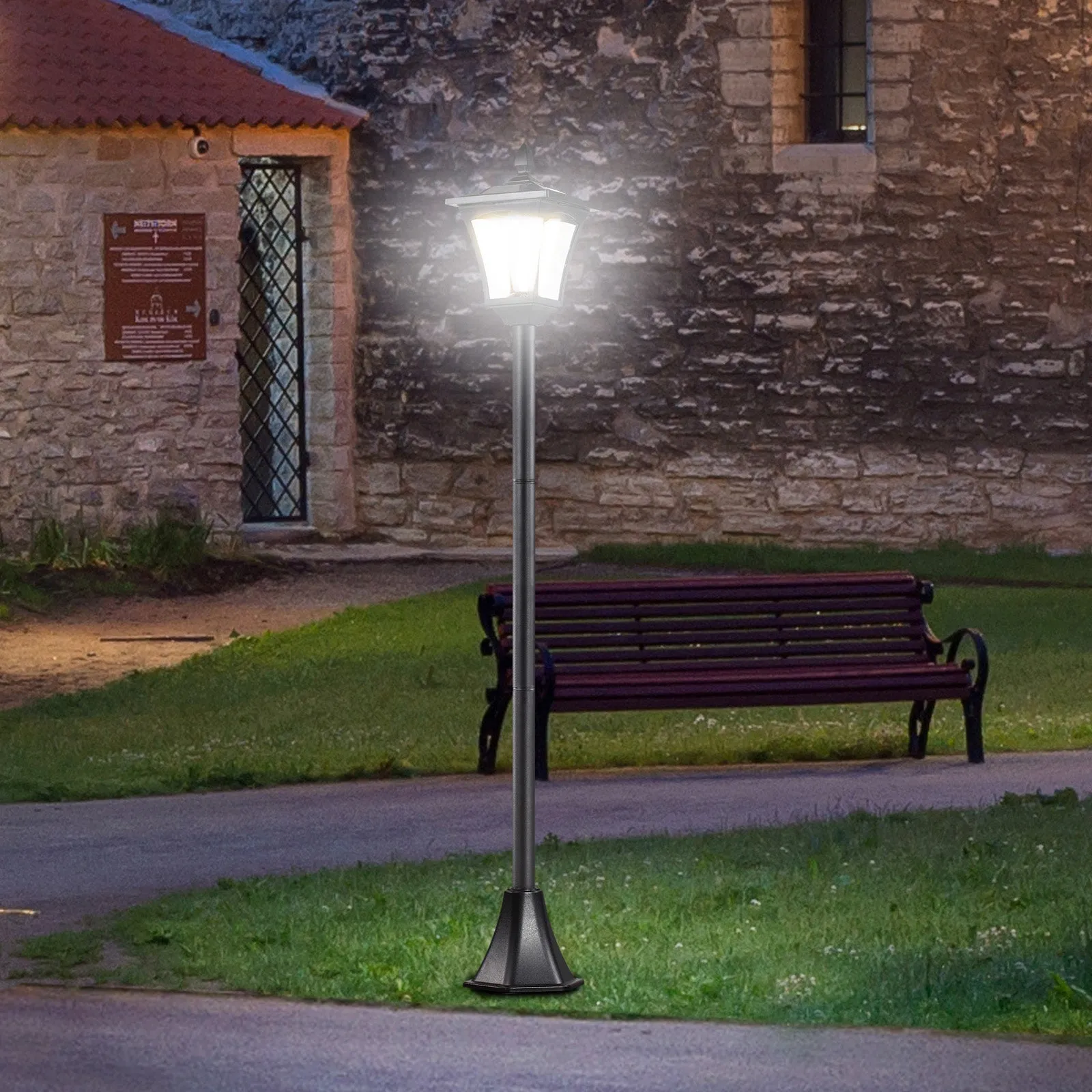 Outdoor Solar Powered Post Lamp Sensor Dimmable LED Lantern Bollard Pathway 1.6M Tall √¢¬Ä¬ì Black