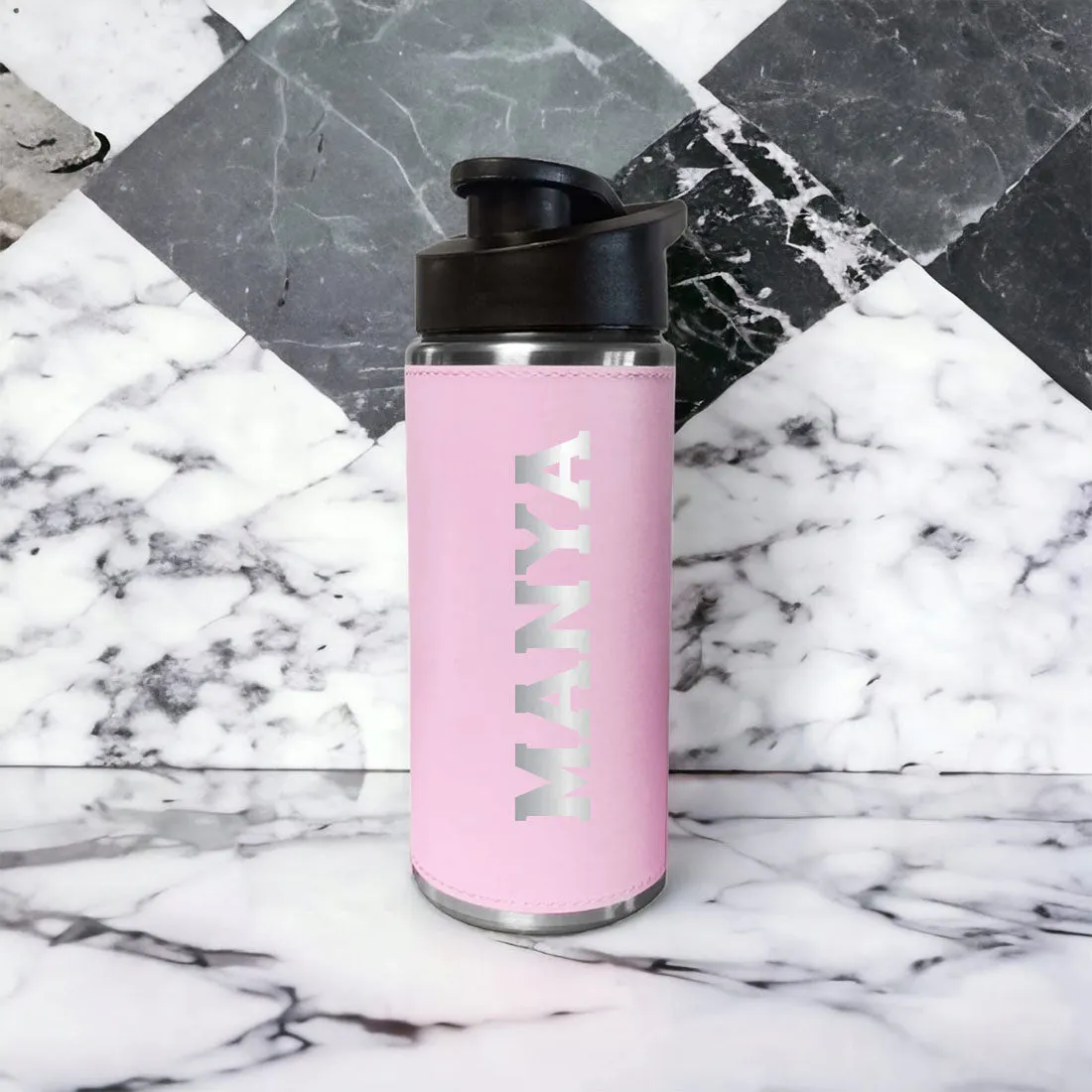 Personalized Water Bottle With Name - Stylish PU Leather Pink Sipper Bottle For Girls  (Gold & Silver)