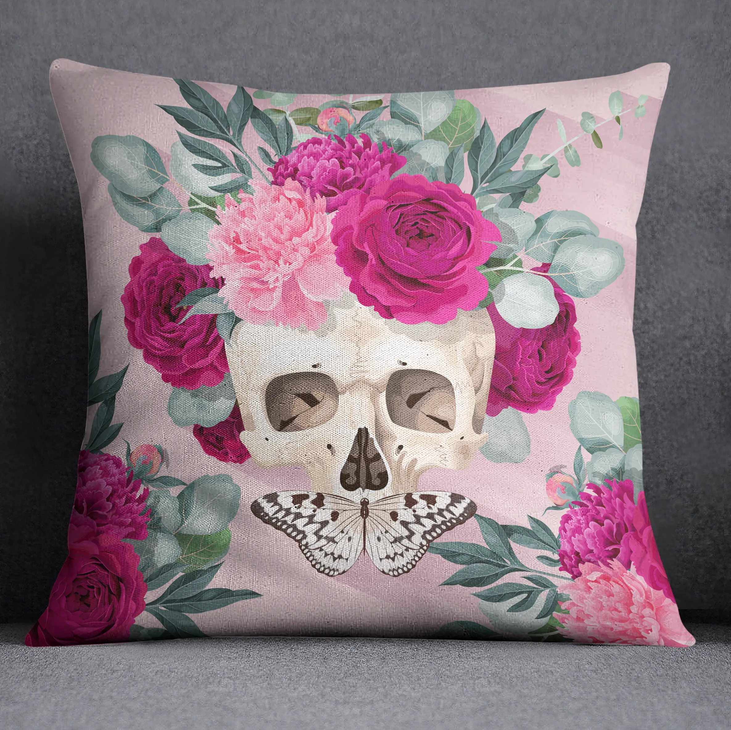 Powder Pink and Fuchsia Rose Butterfly Skull Decorative Throw and Pillow Cover Set