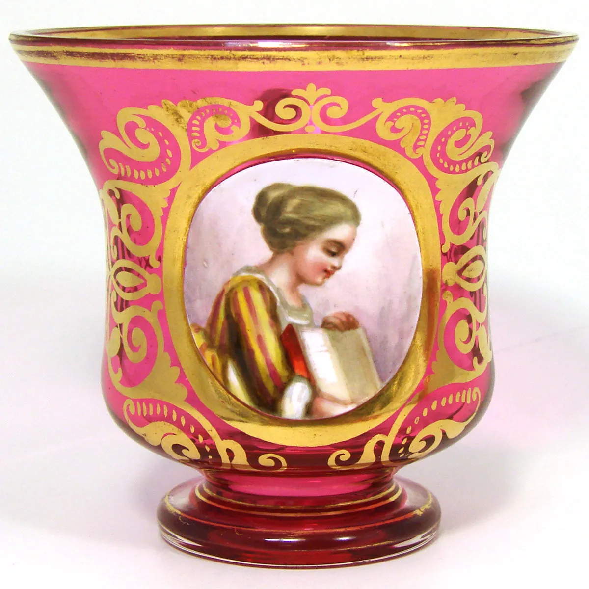 Rare Antique Moser Cranberry Glass Tea Cup & Saucer, Hand Painted Portrait of Woman with Book