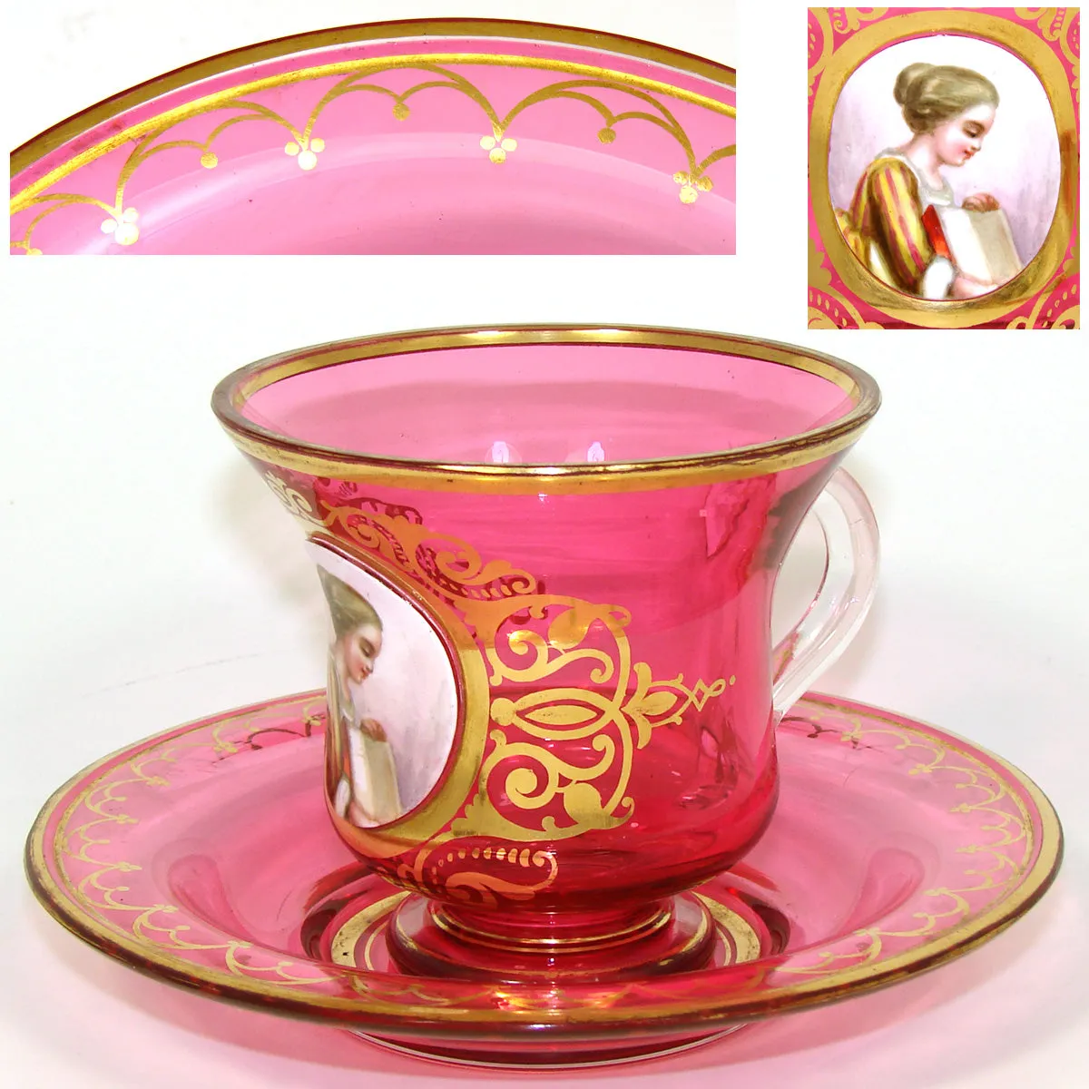 Rare Antique Moser Cranberry Glass Tea Cup & Saucer, Hand Painted Portrait of Woman with Book