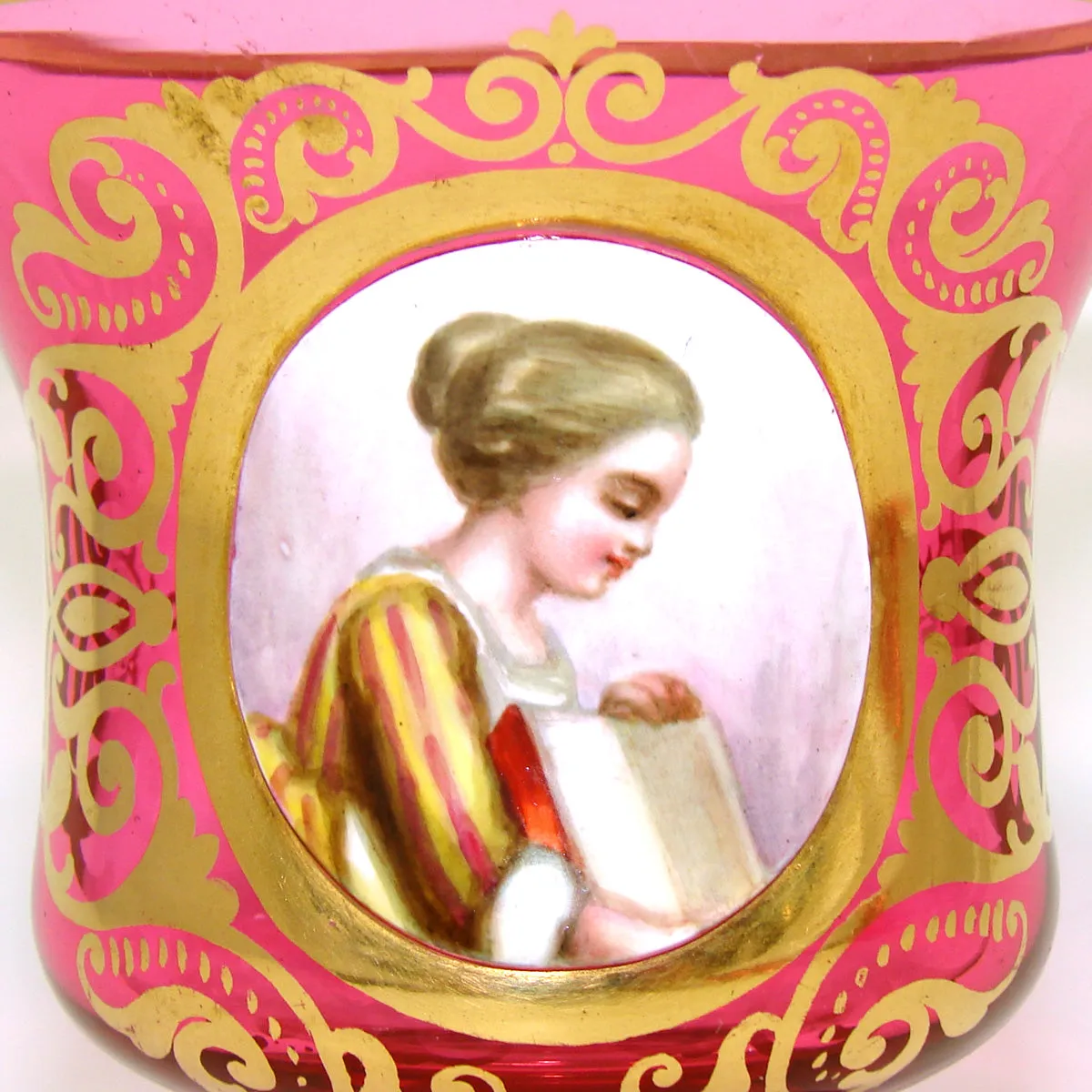 Rare Antique Moser Cranberry Glass Tea Cup & Saucer, Hand Painted Portrait of Woman with Book