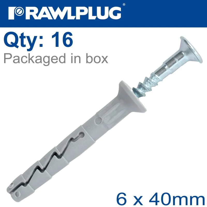 RAWLPLUG NYL NAIL-IN FIXING 6X40MM   CSK HEAD X16 -BAG RAW R-S1-FX-N06L040-16