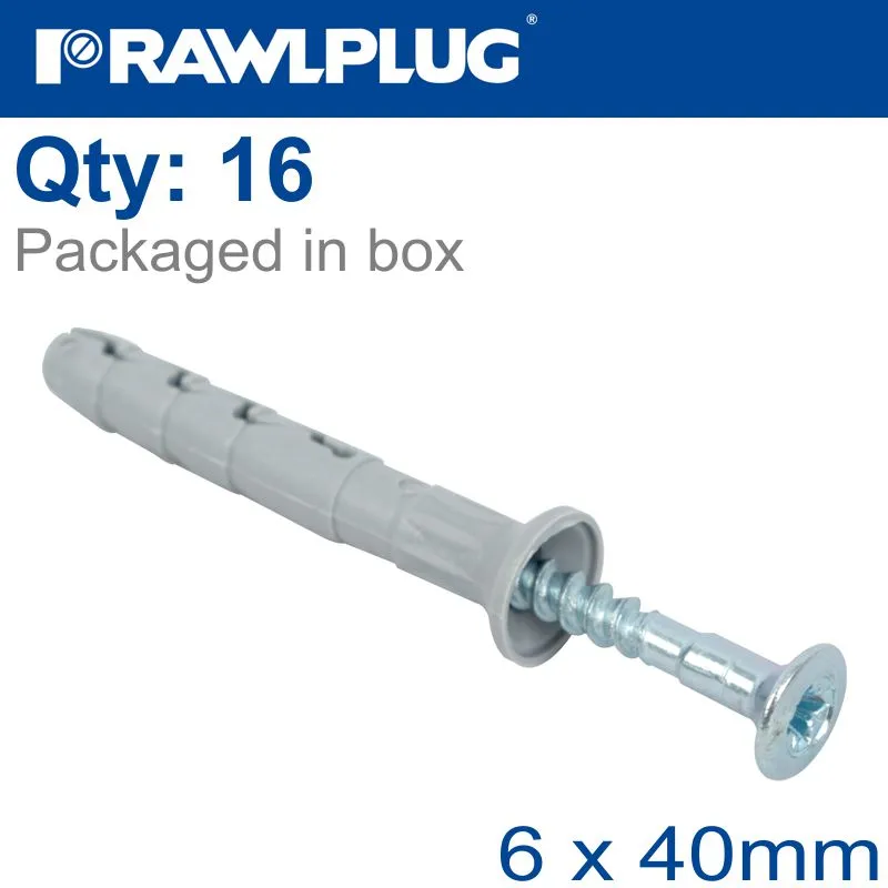 RAWLPLUG NYL NAIL-IN FIXING 6X40MM   CSK HEAD X16 -BAG RAW R-S1-FX-N06L040-16