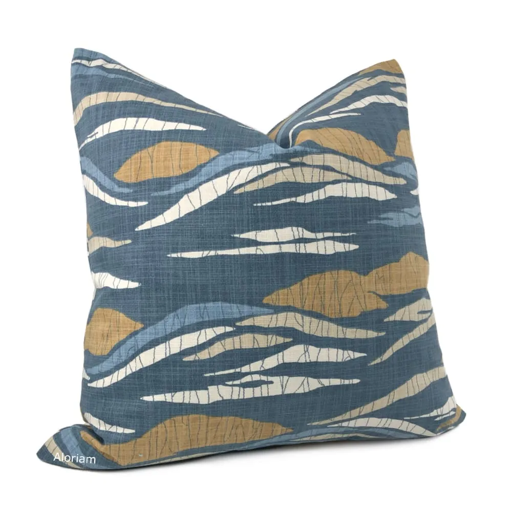 Robert Allen Lotus Hills Slate Blue & Ochre Brown Pillow Cover