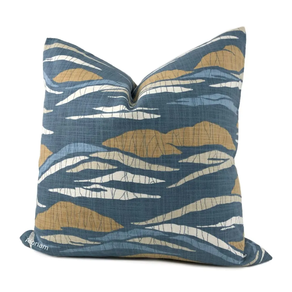 Robert Allen Lotus Hills Slate Blue & Ochre Brown Pillow Cover