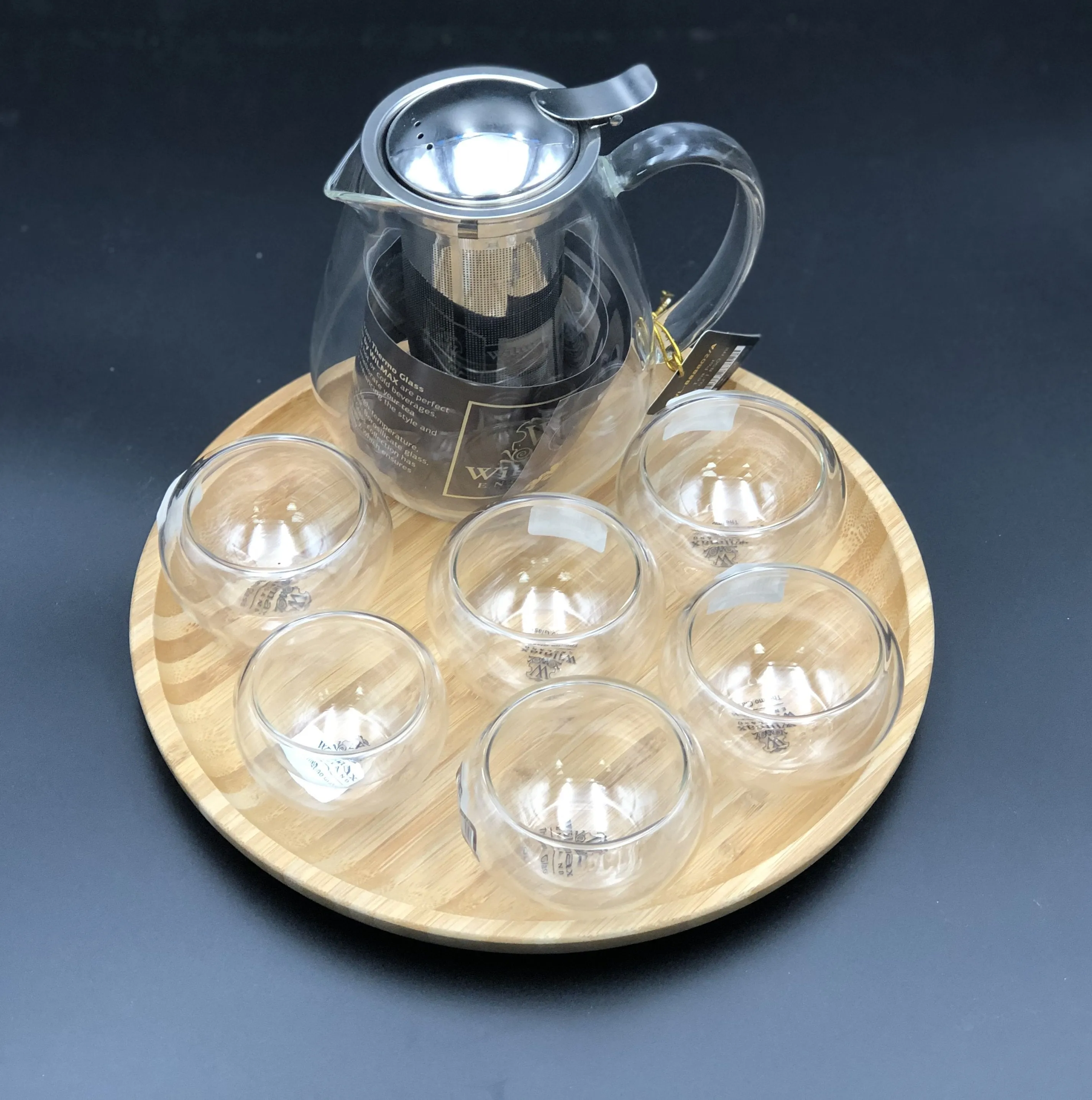 Small Asian Tea Thermo Set With 6 Bowls For Serving And A Bamboo Serving Tray