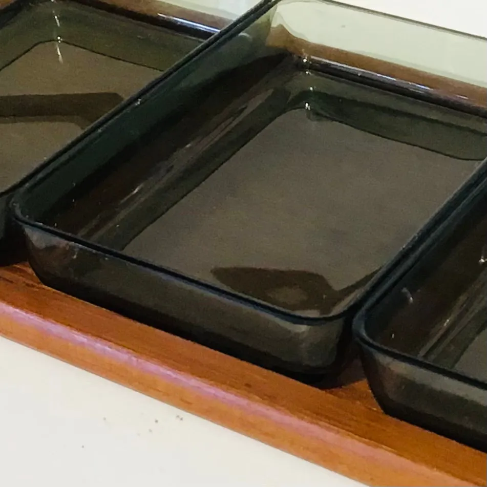 Smoked Glass Serving Set with Teak Tray