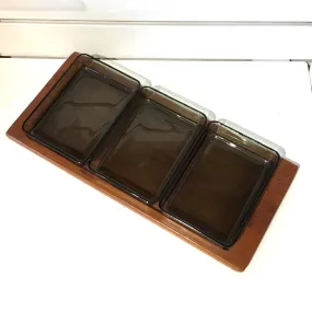 Smoked Glass Serving Set with Teak Tray