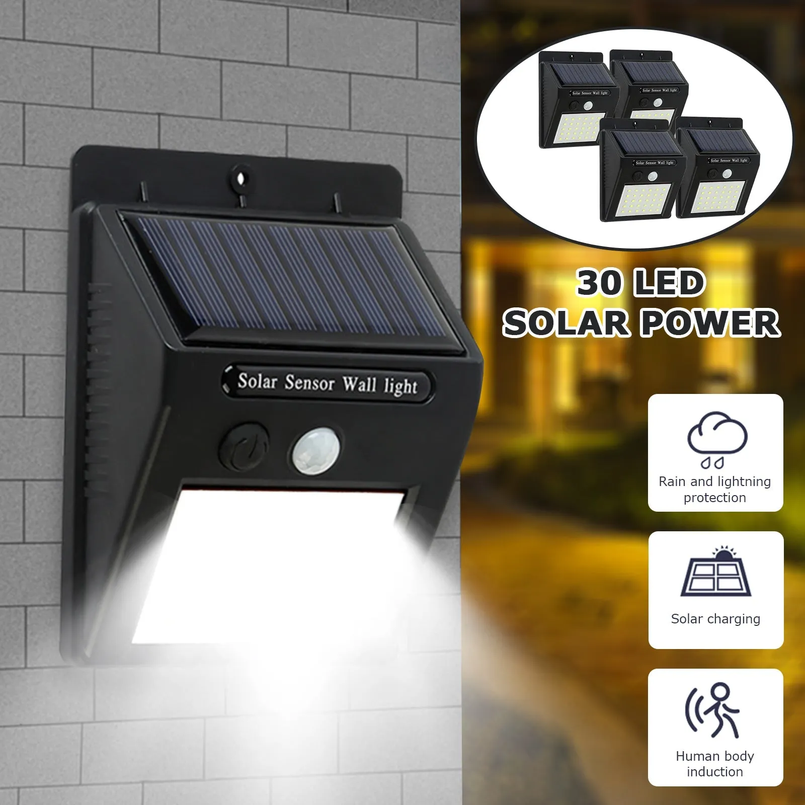 Solar Motion Light Outdoor 30 LED Wireless Security Wall Lamp IP65