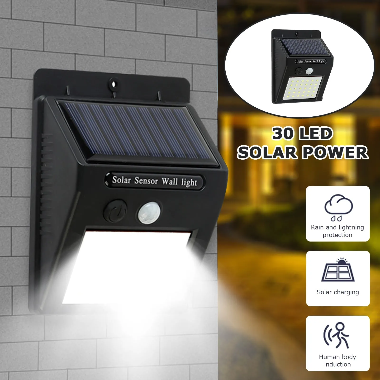 Solar Motion Light Outdoor 30 LED Wireless Security Wall Lamp IP65