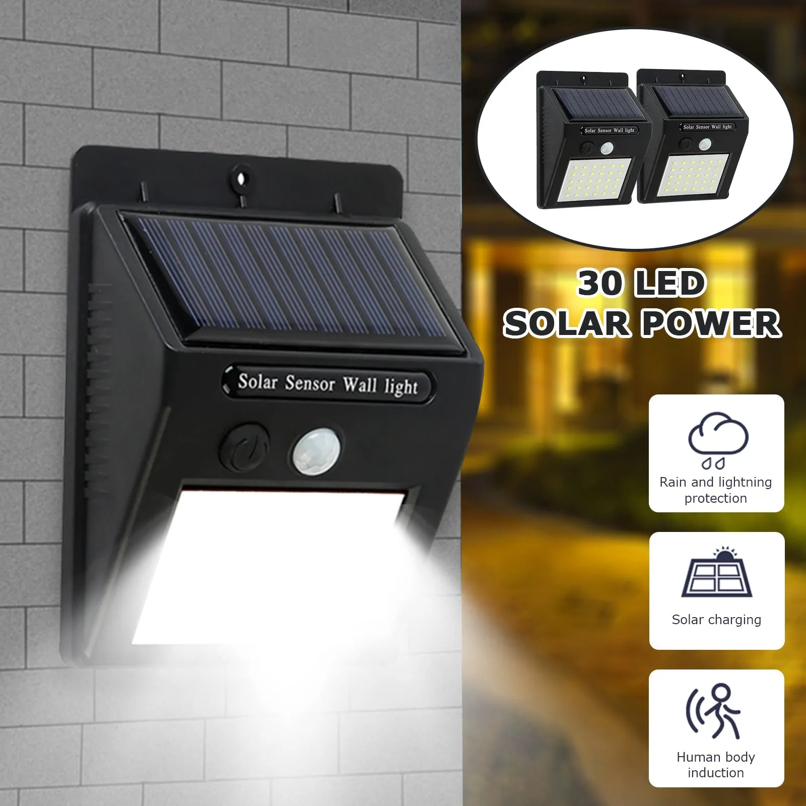 Solar Motion Light Outdoor 30 LED Wireless Security Wall Lamp IP65