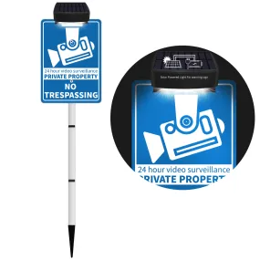 Solar No Trespassing Sign For Private Property, Video Surveillance Street Sign, Security Yard Signs metal, Aluminum Home Security Sign with Stakes, Camera, Beware, 10x7 Inch"