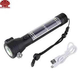 Solar Power LED Flashlight with Emergency Hammer Safe-belt Cutter Compass Aid & Warning Sign Power