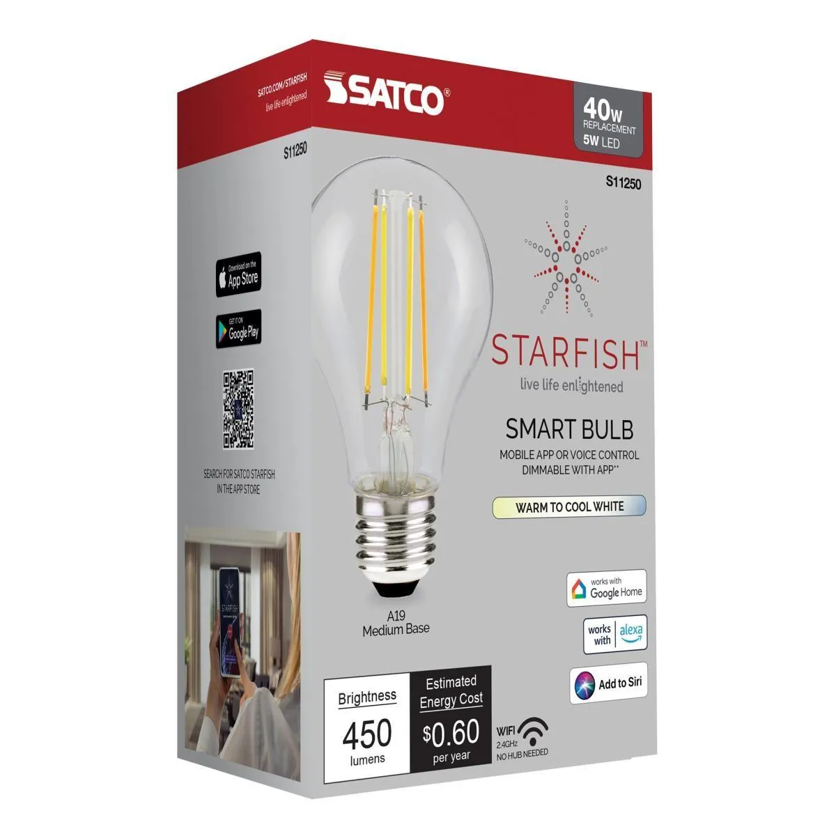 Starfish Smart A19 LED Filament Bulb, 5W, 450 Lumens, Tunable White, E26 Base, T20 Compliant