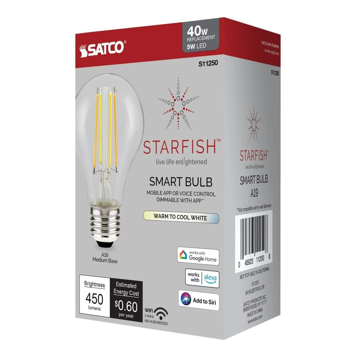 Starfish Smart A19 LED Filament Bulb, 5W, 450 Lumens, Tunable White, E26 Base, T20 Compliant