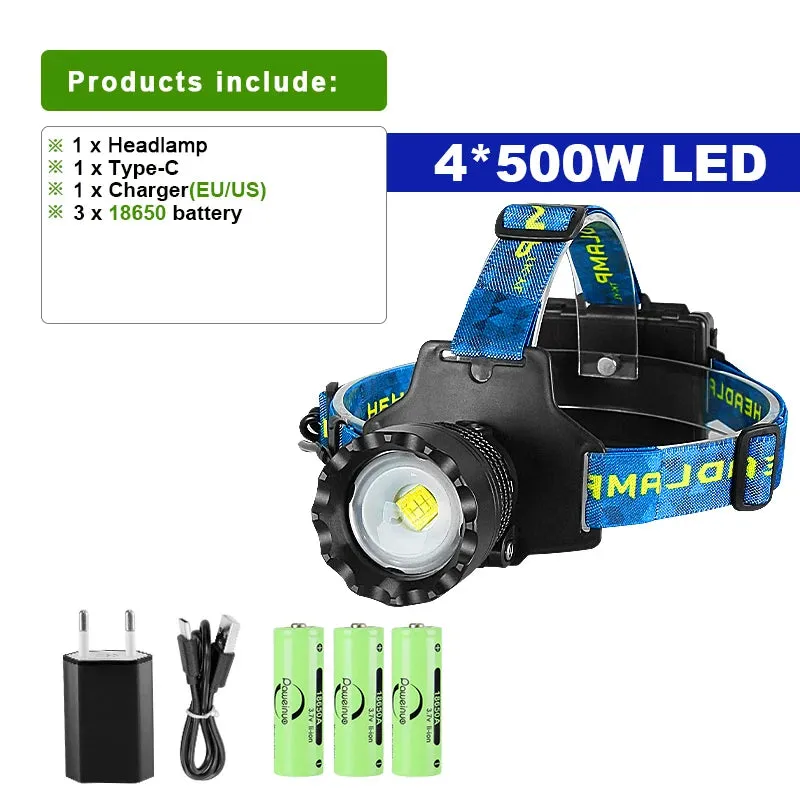 Super Powerful Headlamp 4core 30W LEDs Rechargeable Head Lamp 3mode Waterproof Head Flashlight Lantern 1500M Zoomable Headlight