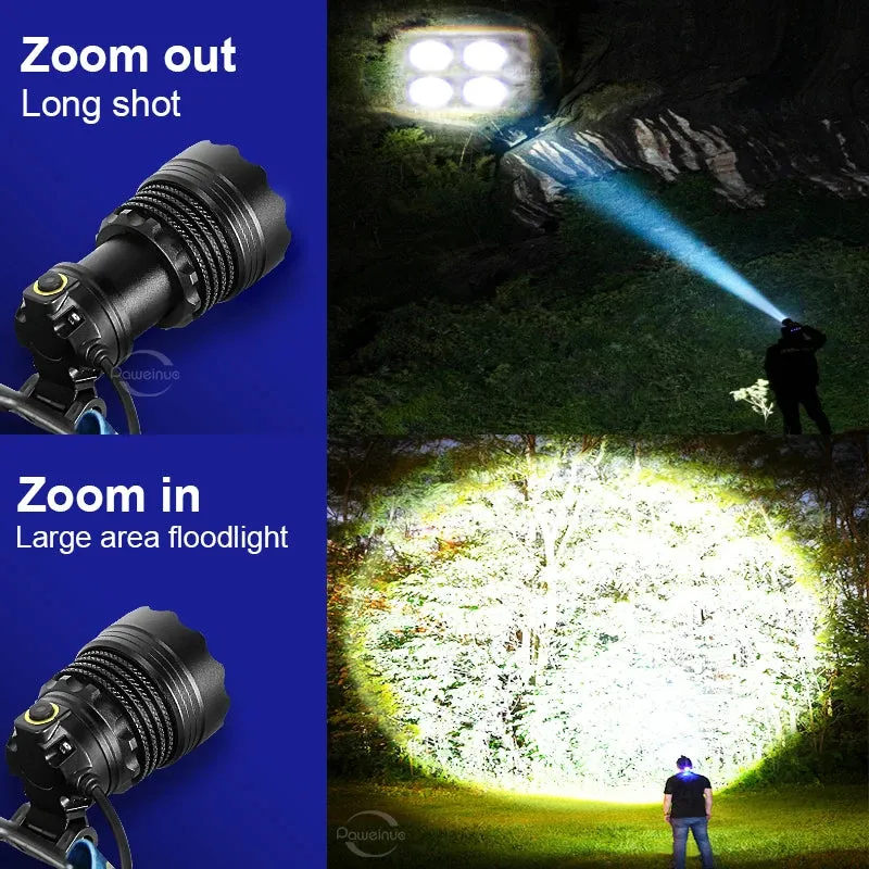 Super Powerful Headlamp 4core 30W LEDs Rechargeable Head Lamp 3mode Waterproof Head Flashlight Lantern 1500M Zoomable Headlight