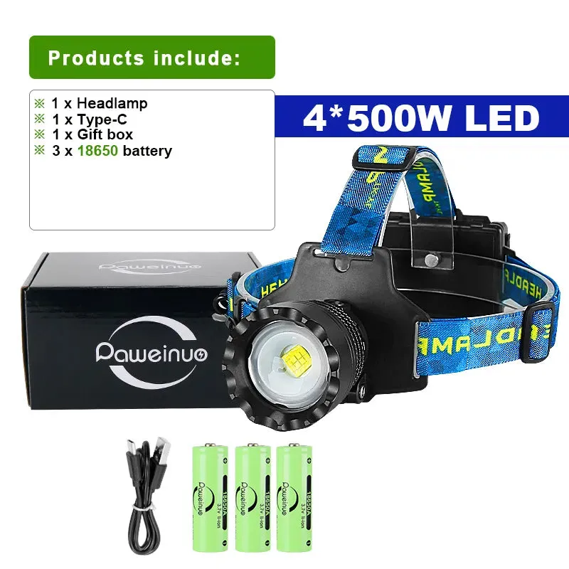 Super Powerful Headlamp 4core 30W LEDs Rechargeable Head Lamp 3mode Waterproof Head Flashlight Lantern 1500M Zoomable Headlight