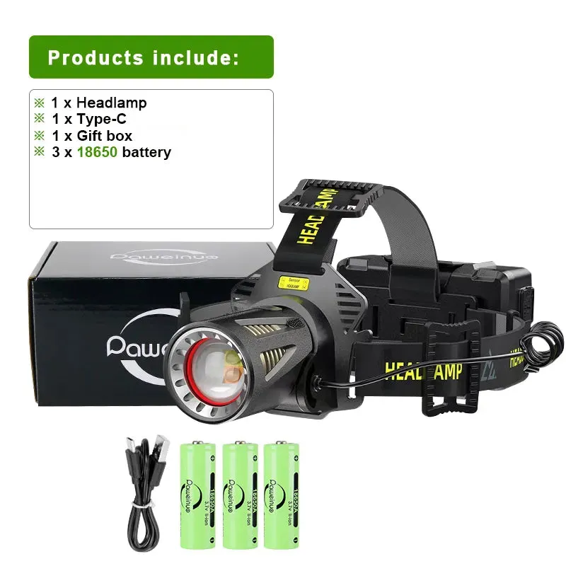 Super XHP100 Powerful LED Headlamp High Power Head Lantern Flashlight USB Rechargeable Headlight Yellow Light Head Lamps Camping