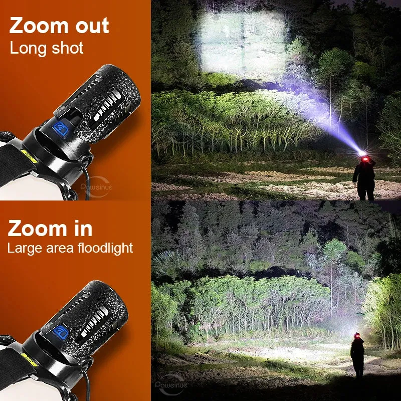 Super XHP100 Powerful LED Headlamp High Power Head Lantern Flashlight USB Rechargeable Headlight Yellow Light Head Lamps Camping