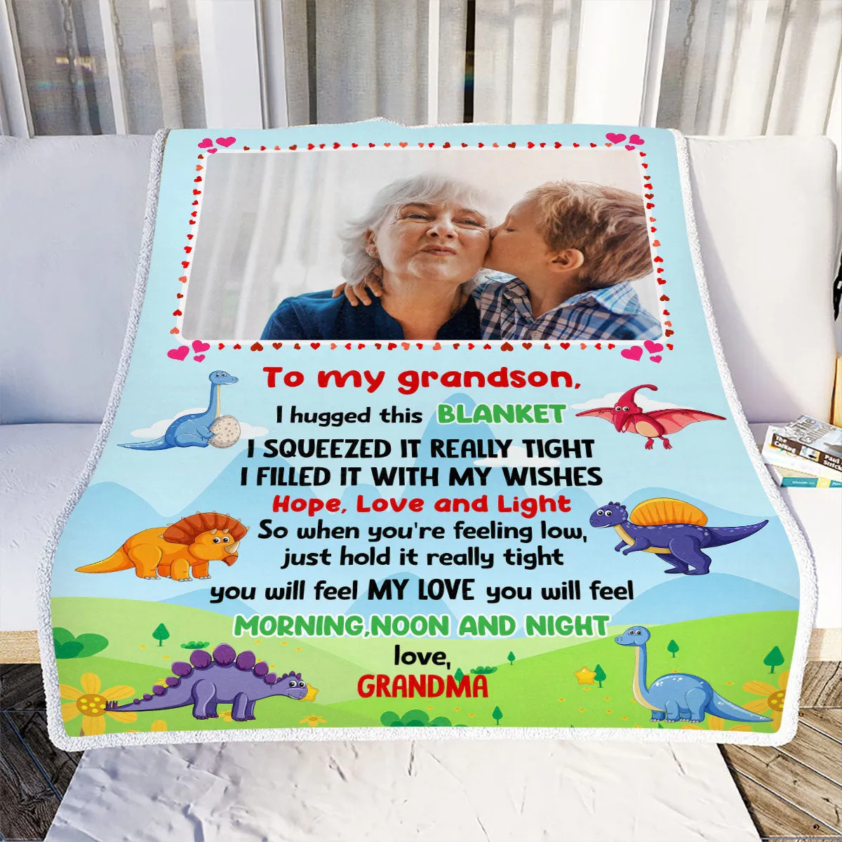 Teesdily | Dinosaur Blanket, Custom Photo Grandma Throw Blanket, Grandson Just Hold It Tight Soft Blanket, Gift For Grandson Kids, Custom Unique Gifts