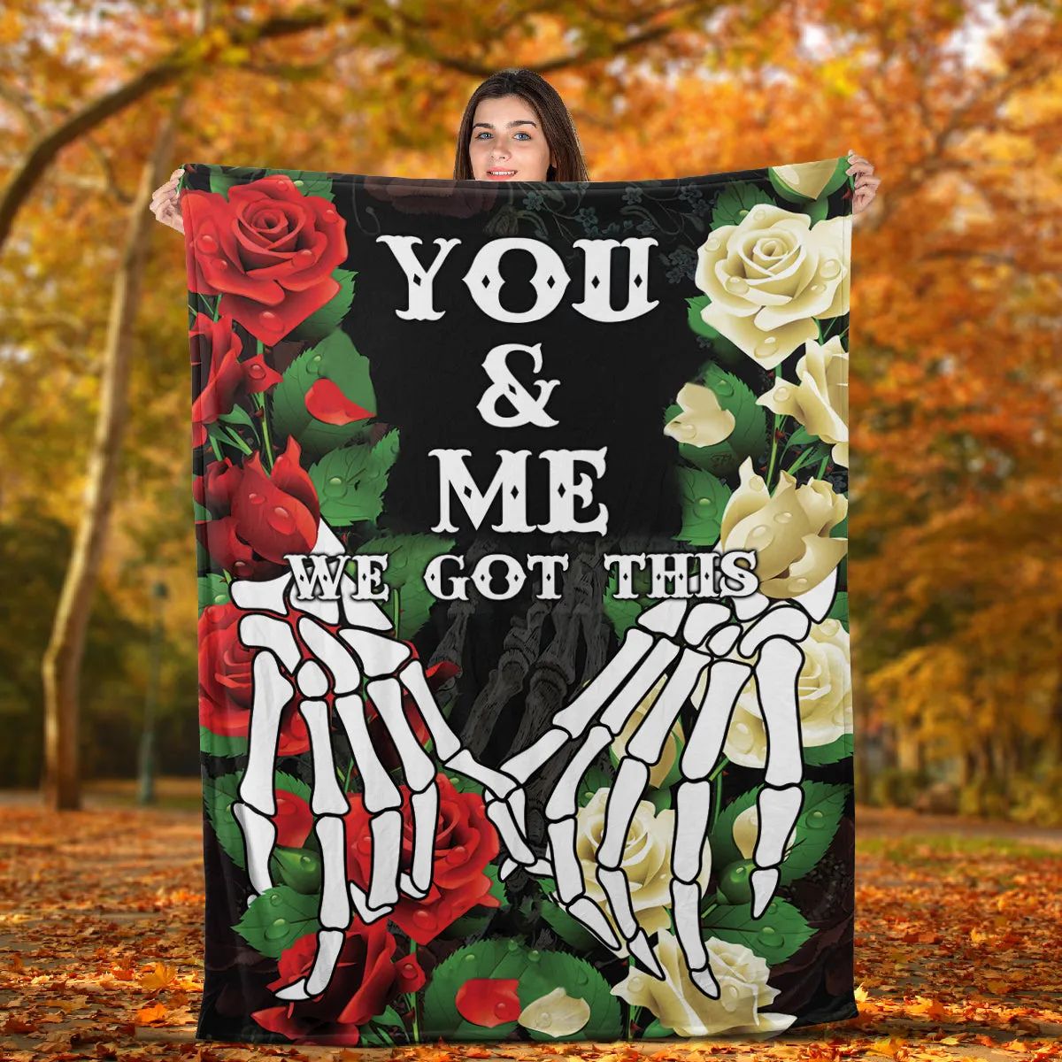 Teesdily | Skeleton Hand Rose Fleece Blanket Couple You And Me Got This Cozy Blanket Gothic Style Warm Blanket Halloween Gift For Lover