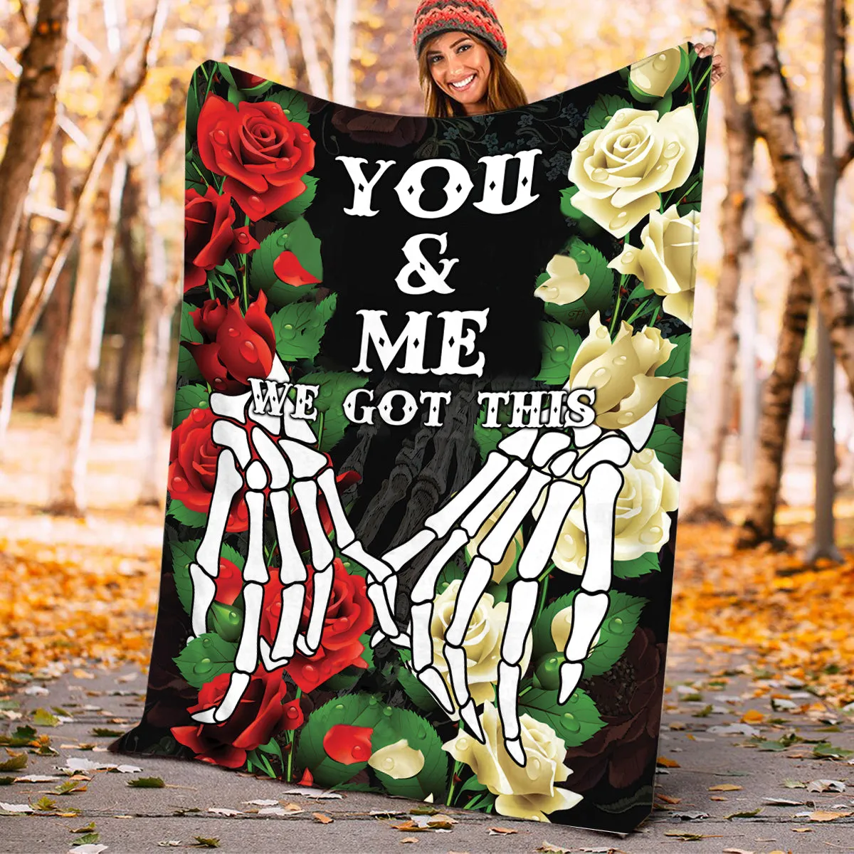 Teesdily | Skeleton Hand Rose Fleece Blanket Couple You And Me Got This Cozy Blanket Gothic Style Warm Blanket Halloween Gift For Lover