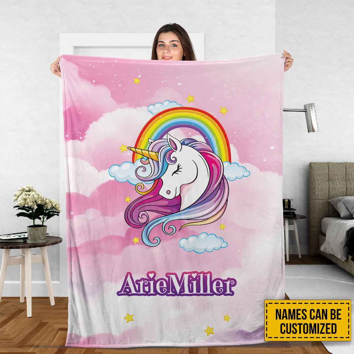 Teesdily | Unicorn Mythical Cartoon Fleece Blanket Personalized Kid's Name Baby Girls Nursery Bedroom Decor Daughter Gift Birthday