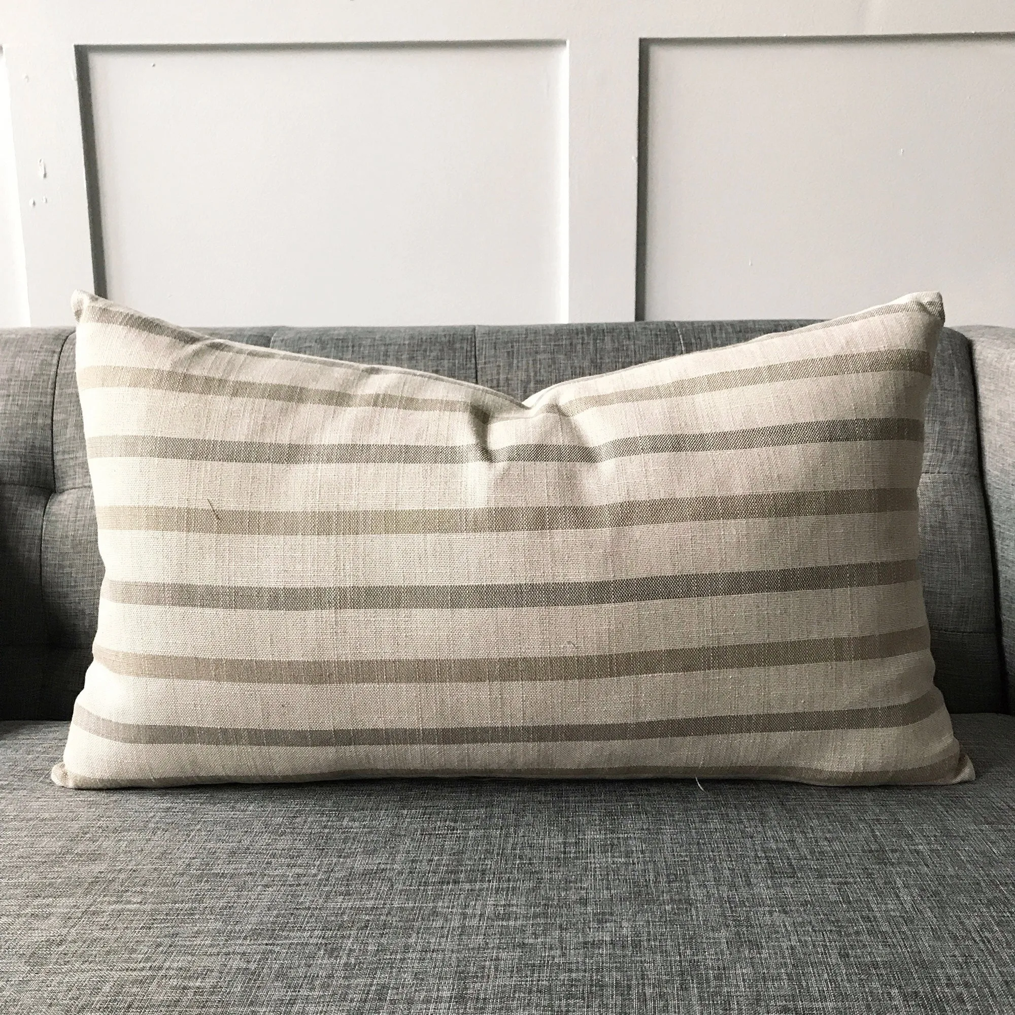 Urban Rustic Neutral Gray Wide Stripe Linen Luxury Lumbar Pillow Cover 15x26